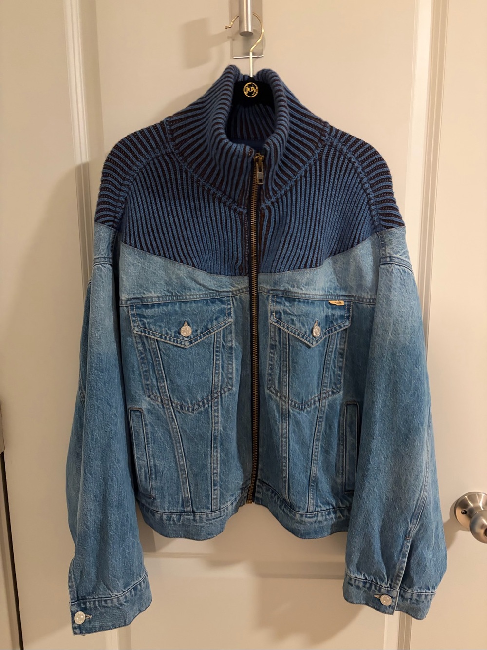MOTHER Two-Tone Light Denim Jacket with Navy Ribbed Yoke
